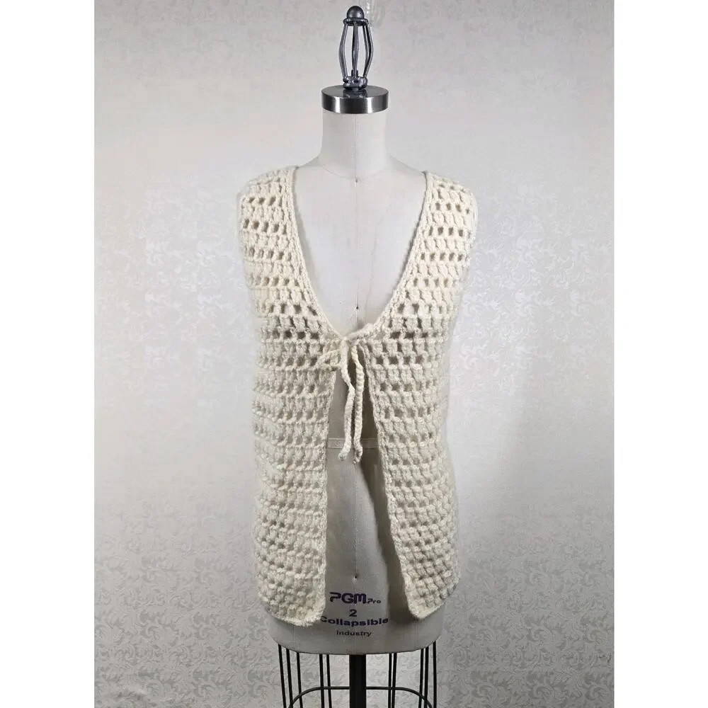 Vintage Bellariva Crochet Vest M Cream 100% Wool Italy Boho Cottagecore Festival